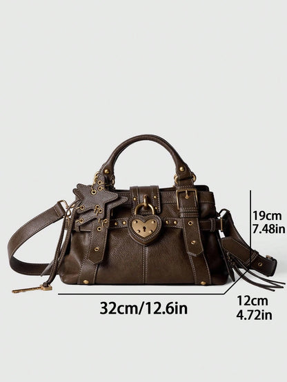 Women's Heart Lock Moto Shoulder Bag,Women's Y2K Buckle Handbag,Star Charm Bag Gothic Fashion
