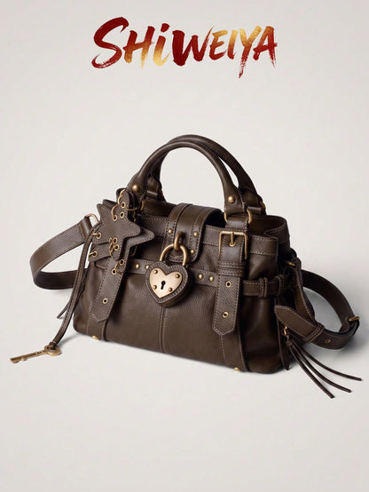 Women's Heart Lock Moto Shoulder Bag,Women's Y2K Buckle Handbag,Star Charm Bag Gothic Fashion