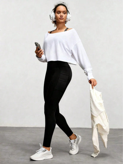 Women's High Waist Elastic Daily Casual Yoga Pants With Side Pockets Black Fall