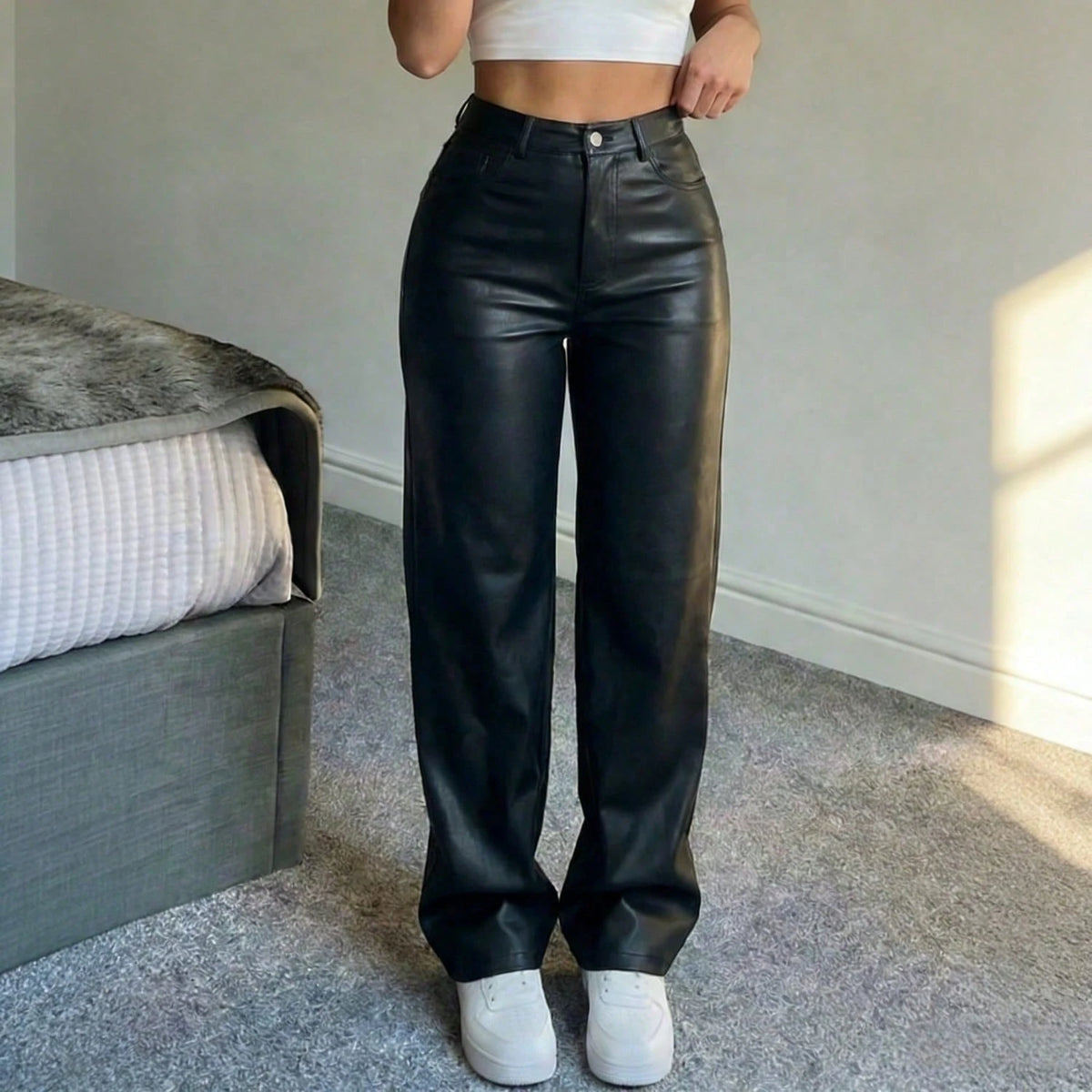 Women's High Waist Glossy PU Leather Wide Leg Pants, Matte Coating, Fashion Versatile, Suitable For Party, Commute, Music Festival, Vacation, Casual Straight Leg Pants, Spring/Summer Essential, Best S