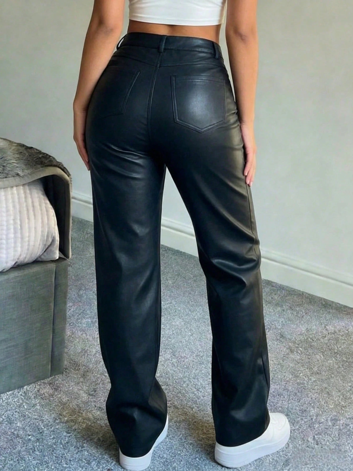 Women's High Waist Glossy PU Leather Wide Leg Pants, Matte Coating, Fashion Versatile, Suitable For Party, Commute, Music Festival, Vacation, Casual Straight Leg Pants, Spring/Summer Essential, Best S