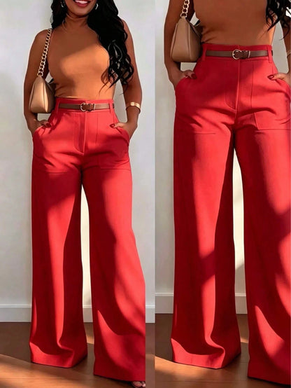 Women's High-Waist Straight Leg Wide Leg Casual Commuter Long Pants With Pockets, Versatile Quality, Autumn/Winter Fashion Red