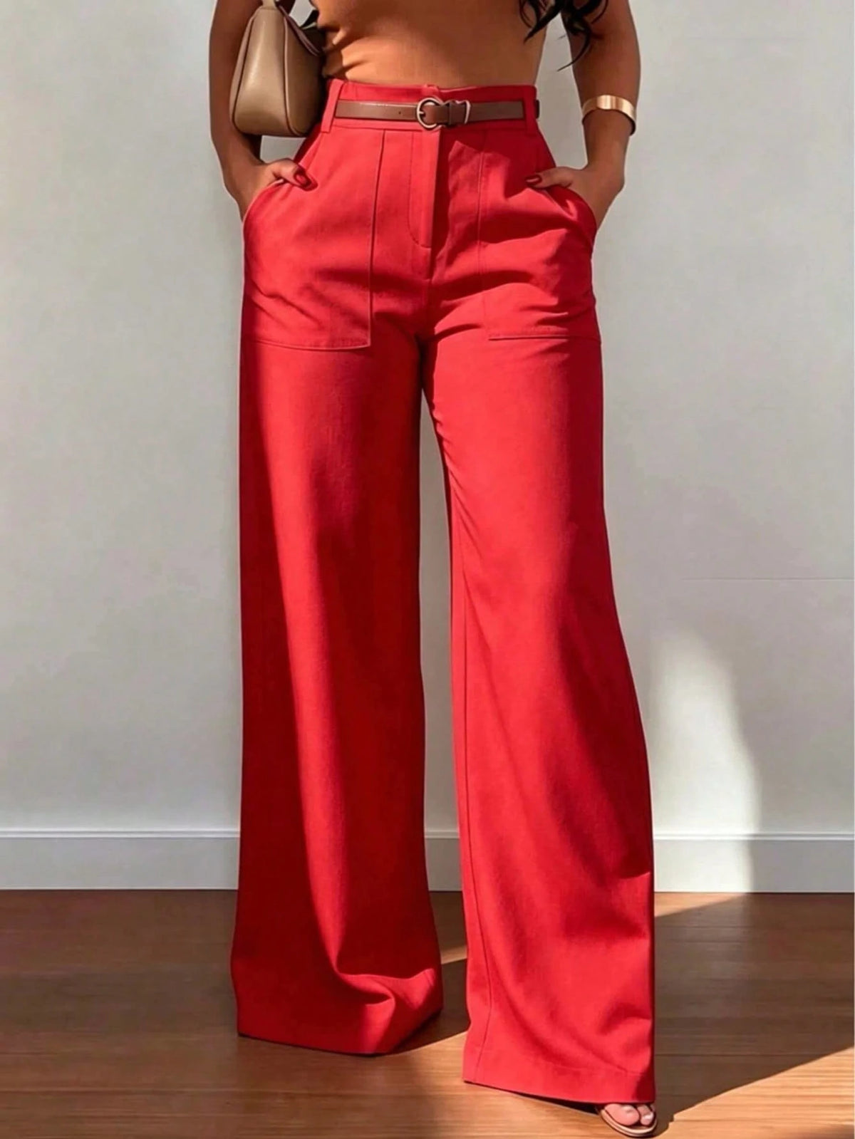 Women's High-Waist Straight Leg Wide Leg Casual Commuter Long Pants With Pockets, Versatile Quality, Autumn/Winter Fashion Red
