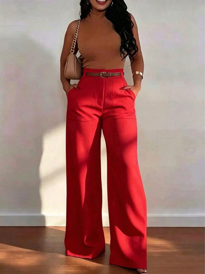 Women's High-Waist Straight Leg Wide Leg Casual Commuter Long Pants With Pockets, Versatile Quality, Autumn/Winter Fashion Red