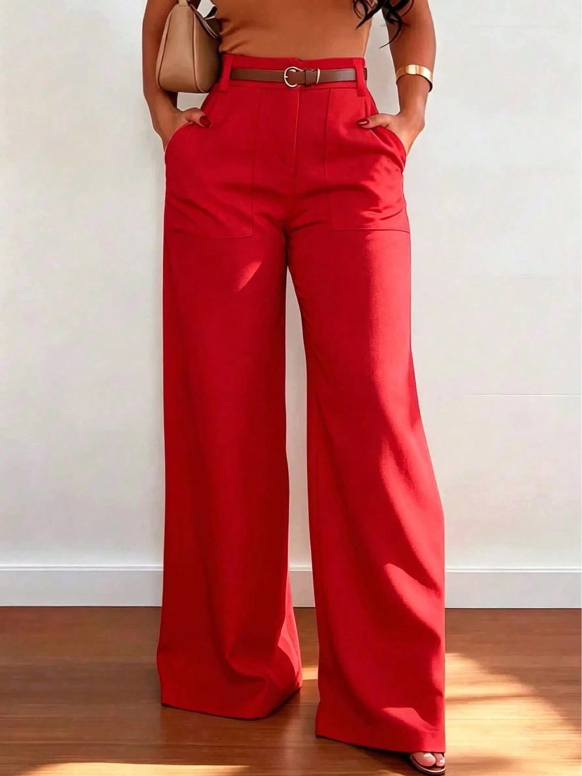 Women's High-Waist Straight Leg Wide Leg Casual Commuter Long Pants With Pockets, Versatile Quality, Autumn/Winter Fashion Red