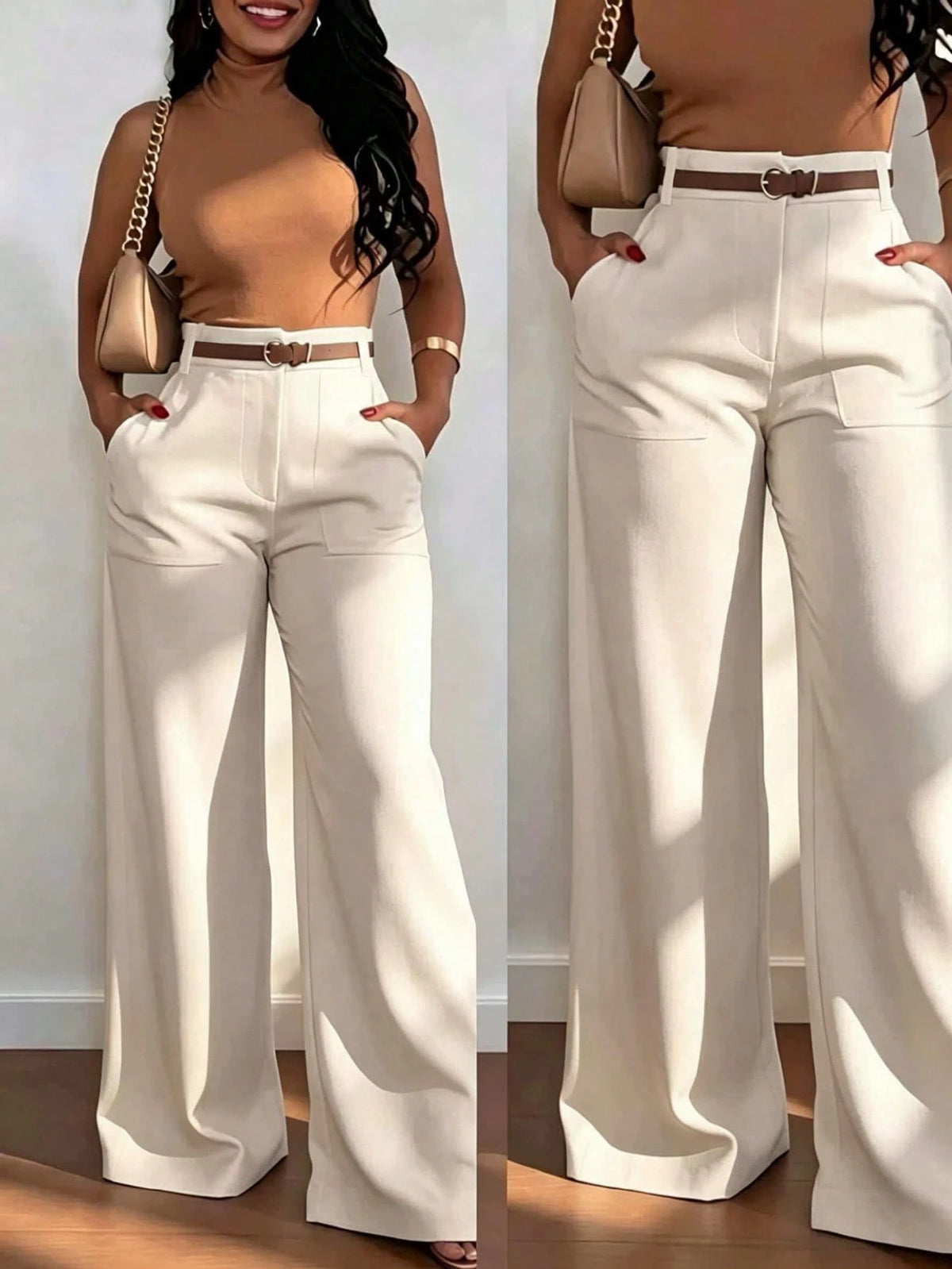 Women's High-Waist Straight Leg Wide Leg Casual Commuter Long Pants With Pockets, Versatile Quality, Autumn/Winter Fashion Red