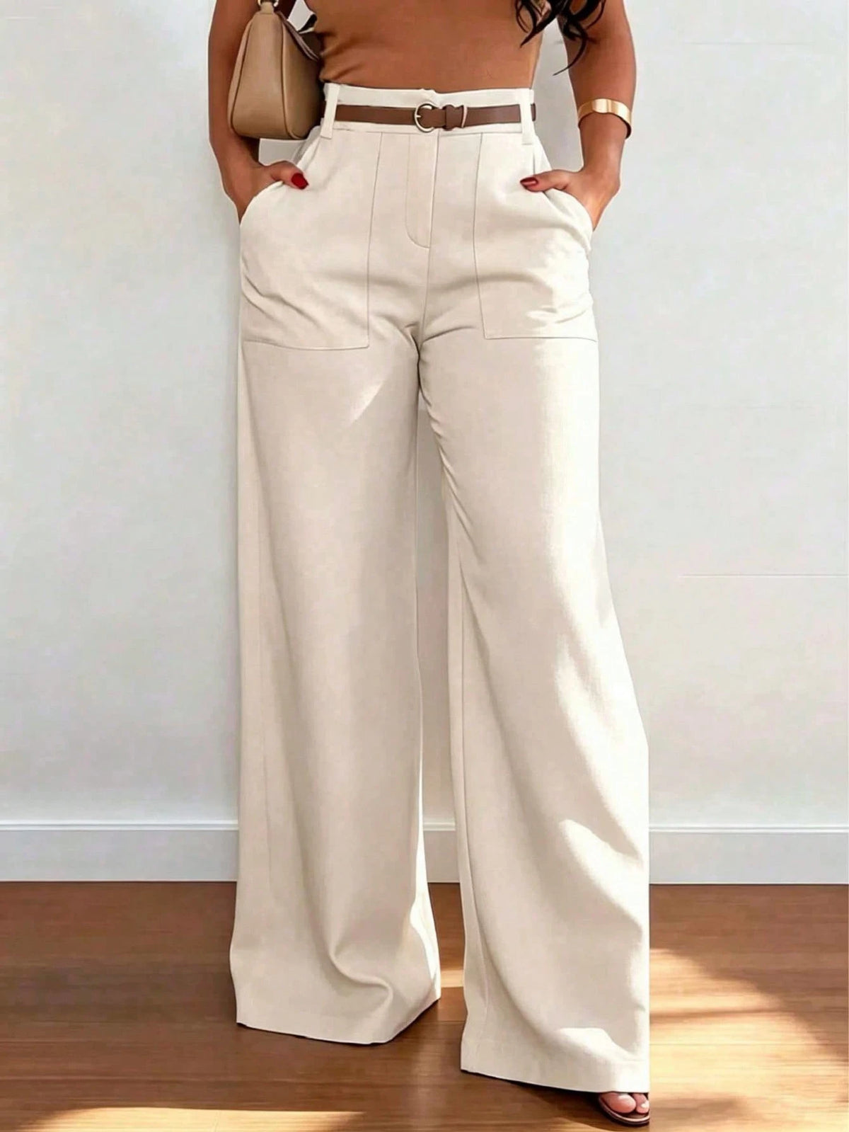 Women's High-Waist Straight Leg Wide Leg Casual Commuter Long Pants With Pockets, Versatile Quality, Autumn/Winter Fashion Red