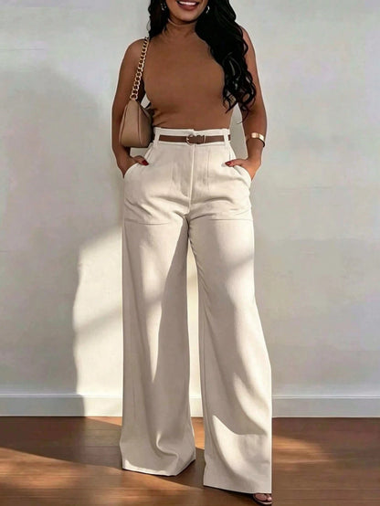Women's High-Waist Straight Leg Wide Leg Casual Commuter Long Pants With Pockets, Versatile Quality, Autumn/Winter Fashion Red