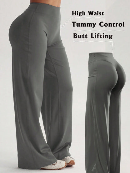 Women's High Waist Wide Leg Pants For Outdoor Exercise, Comfortable Sports Casual Leggings, High Elastic Flare Pants For Commuting And Yoga, Knit Fabric, Elastic And Comfortable, Suitable For Daily We