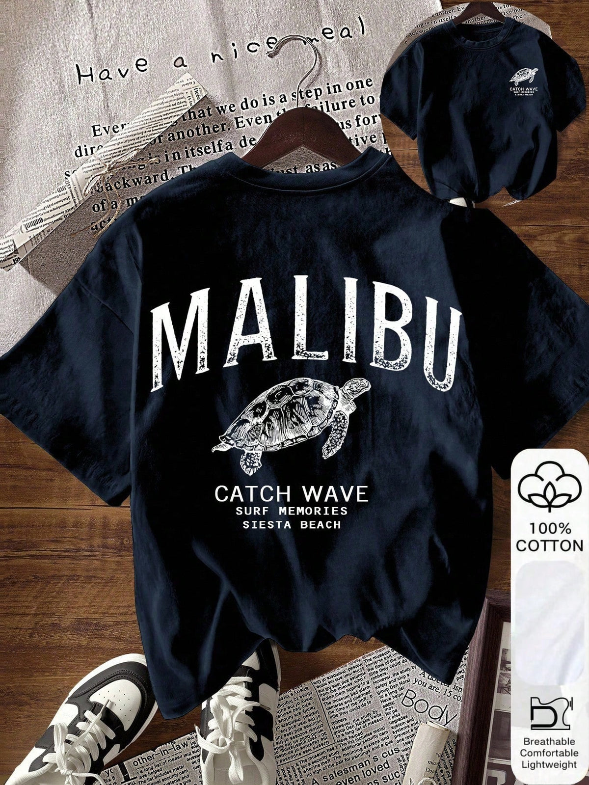 Women's Letter & Turtle Print Round Neck Short Sleeve Casual T-Shirt