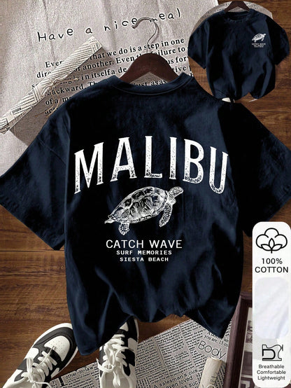Women's Letter & Turtle Print Round Neck Short Sleeve Casual T-Shirt