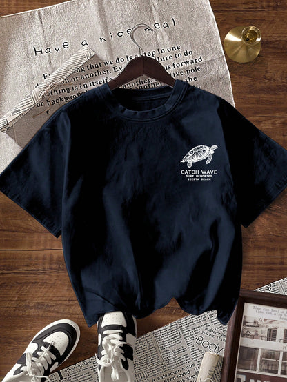 Women's Letter & Turtle Print Round Neck Short Sleeve Casual T-Shirt