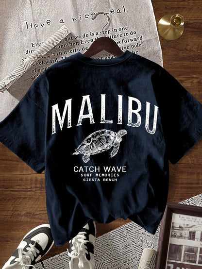 Women's Letter & Turtle Print Round Neck Short Sleeve Casual T-Shirt