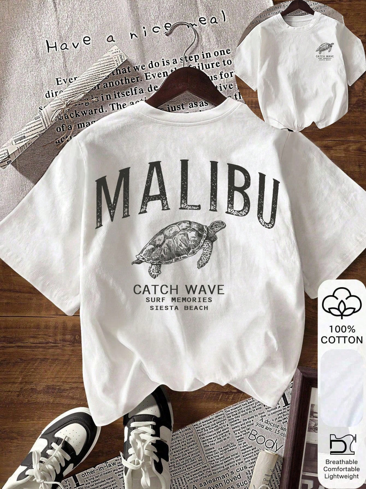 Women's Letter & Turtle Print Round Neck Short Sleeve Casual T-Shirt