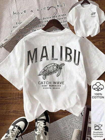 Women's Letter & Turtle Print Round Neck Short Sleeve Casual T-Shirt