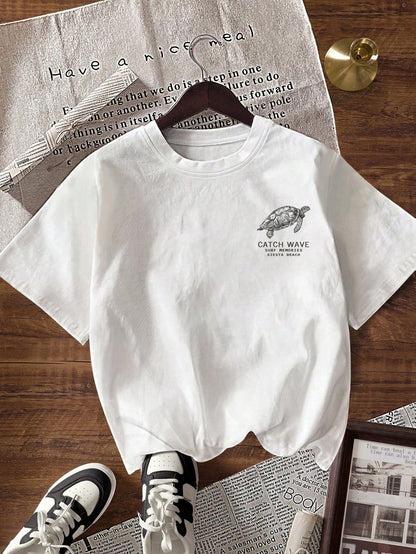 Women's Letter & Turtle Print Round Neck Short Sleeve Casual T-Shirt