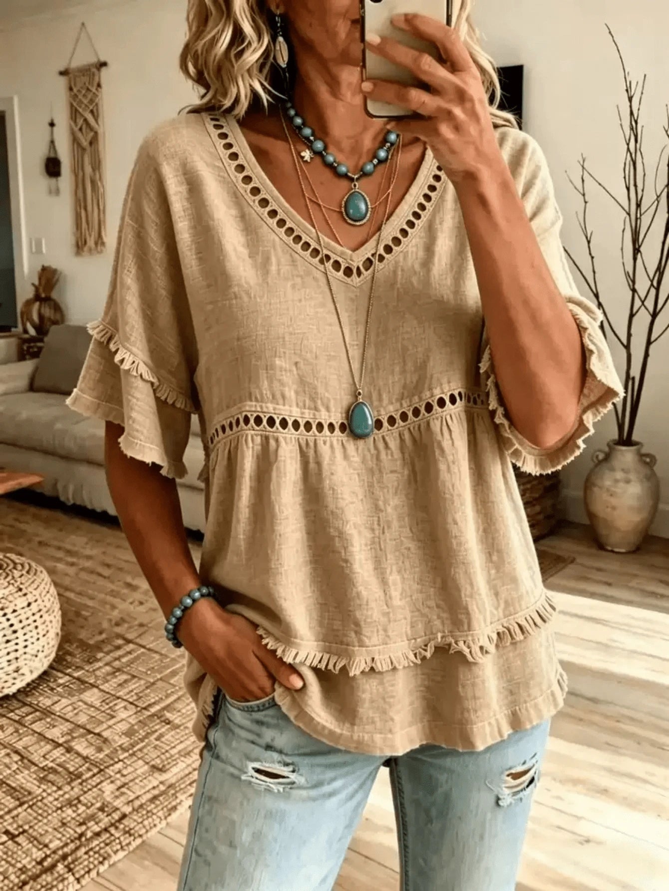 Women's Linen Blend Eyelet & Fringe Trim Blouse, V-Neck Short Sleeve Casual Top, Boho Chic