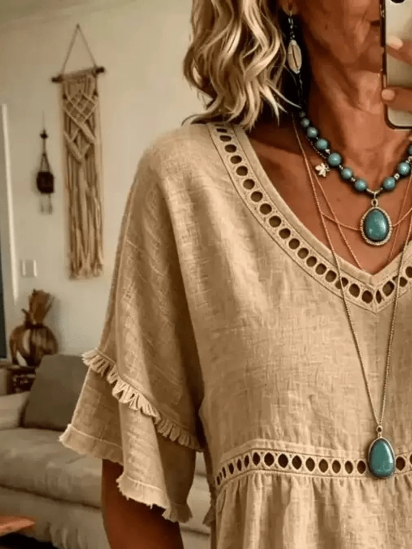 Women's Linen Blend Eyelet & Fringe Trim Blouse, V-Neck Short Sleeve Casual Top, Boho Chic