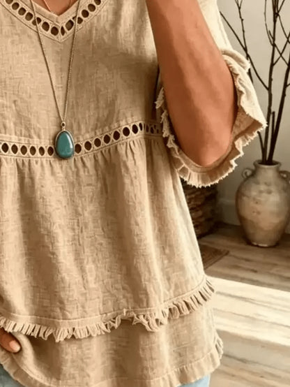 Women's Linen Blend Eyelet & Fringe Trim Blouse, V-Neck Short Sleeve Casual Top, Boho Chic