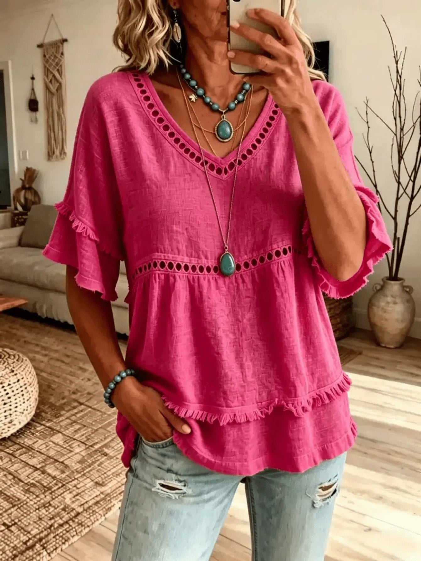 Women's Linen Blend Eyelet & Fringe Trim Blouse, V-Neck Short Sleeve Casual Top, Boho Chic