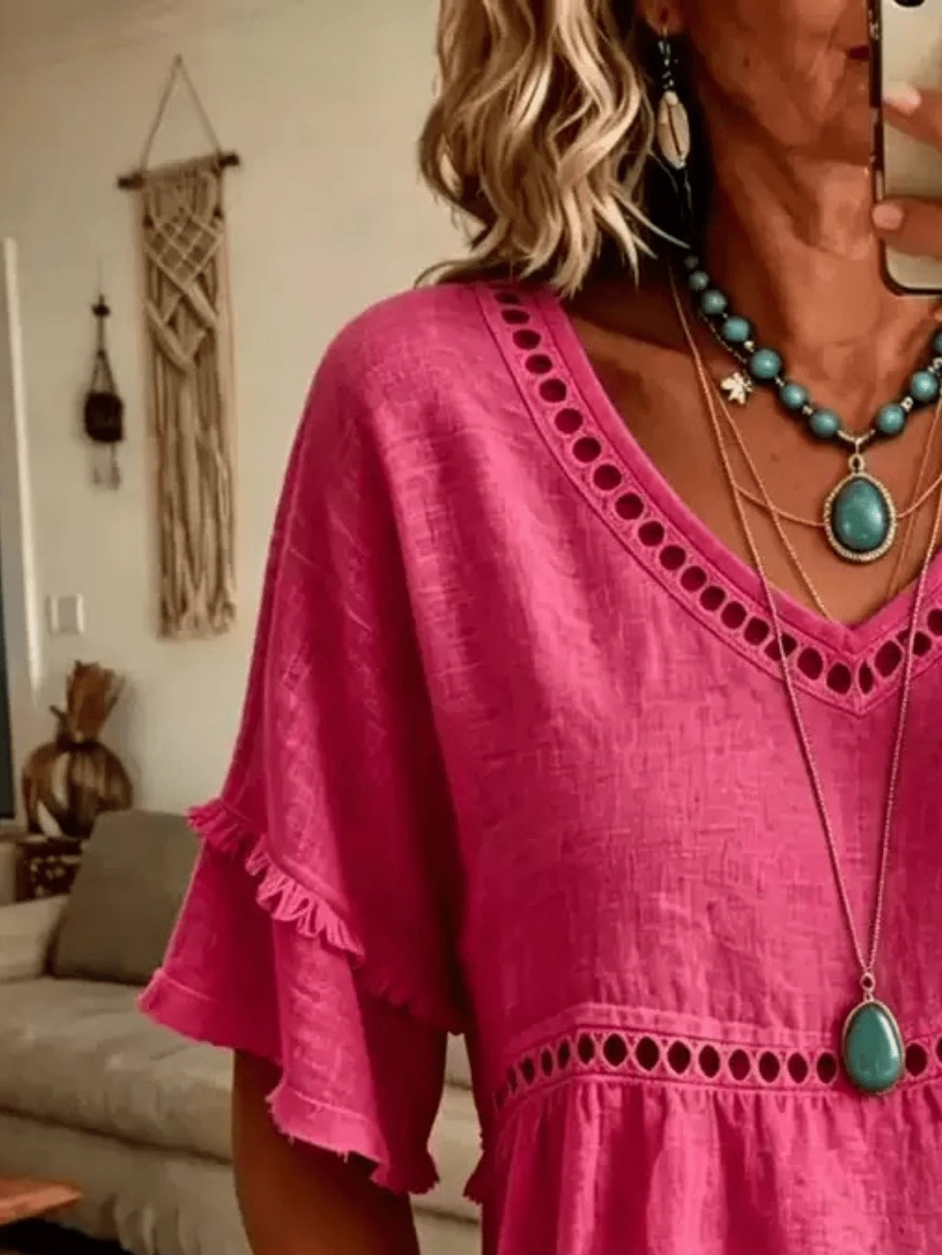 Women's Linen Blend Eyelet & Fringe Trim Blouse, V-Neck Short Sleeve Casual Top, Boho Chic