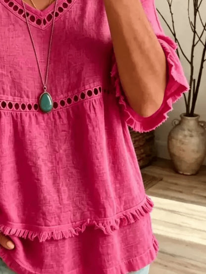 Women's Linen Blend Eyelet & Fringe Trim Blouse, V-Neck Short Sleeve Casual Top, Boho Chic