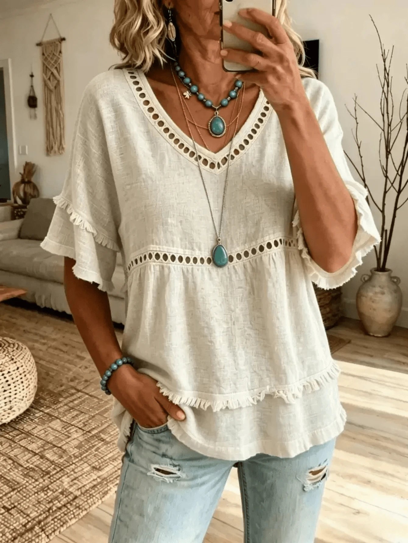 Women's Linen Blend Eyelet & Fringe Trim Blouse, V-Neck Short Sleeve Casual Top, Boho Chic