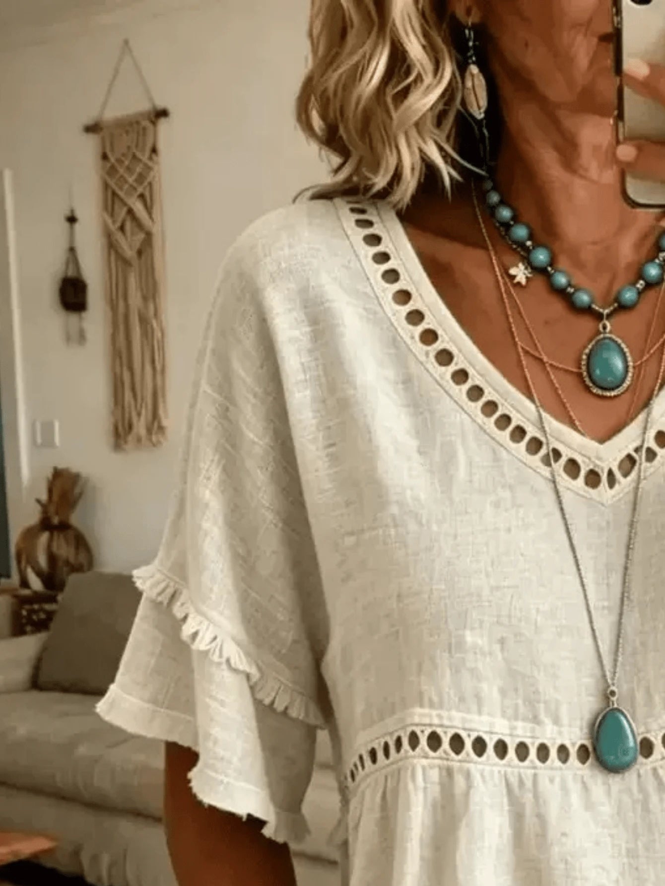Women's Linen Blend Eyelet & Fringe Trim Blouse, V-Neck Short Sleeve Casual Top, Boho Chic