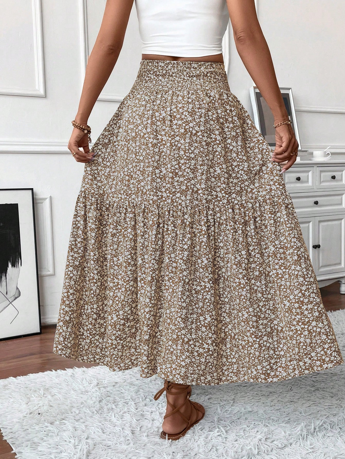 Women's Long Ditsy Floral Skirt, Casual Elastic Waist With Pockets, Ruffle Hem, A-Line Skirt For Summer Vacation Spring