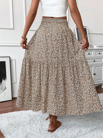 Women's Long Ditsy Floral Skirt, Casual Elastic Waist With Pockets, Ruffle Hem, A-Line Skirt For Summer Vacation Spring