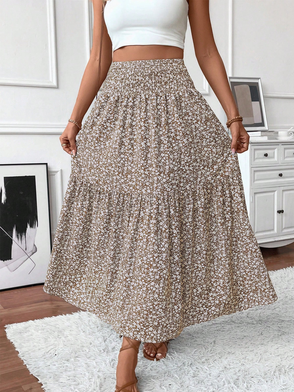 Women's Long Ditsy Floral Skirt, Casual Elastic Waist With Pockets, Ruffle Hem, A-Line Skirt For Summer Vacation Spring
