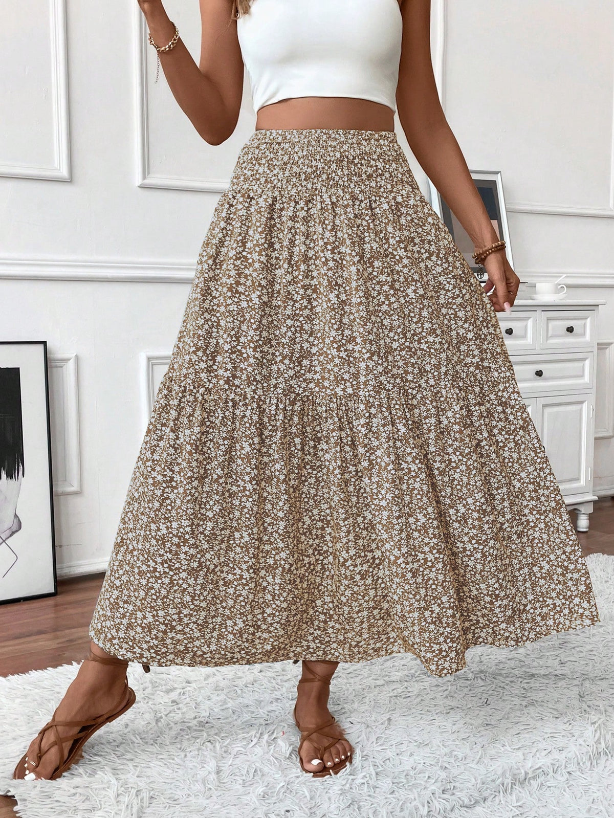 Women's Long Ditsy Floral Skirt, Casual Elastic Waist With Pockets, Ruffle Hem, A-Line Skirt For Summer Vacation Spring