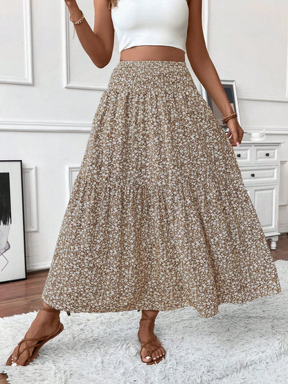 Women's Long Ditsy Floral Skirt, Casual Elastic Waist With Pockets, Ruffle Hem, A-Line Skirt For Summer Vacation Spring