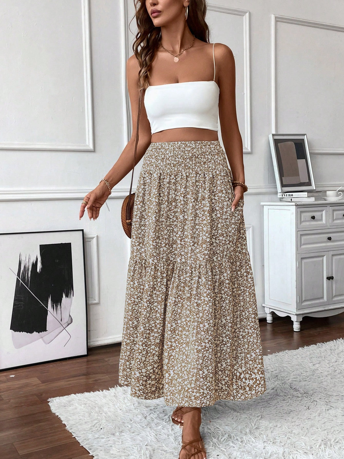 Women's Long Ditsy Floral Skirt, Casual Elastic Waist With Pockets, Ruffle Hem, A-Line Skirt For Summer Vacation Spring