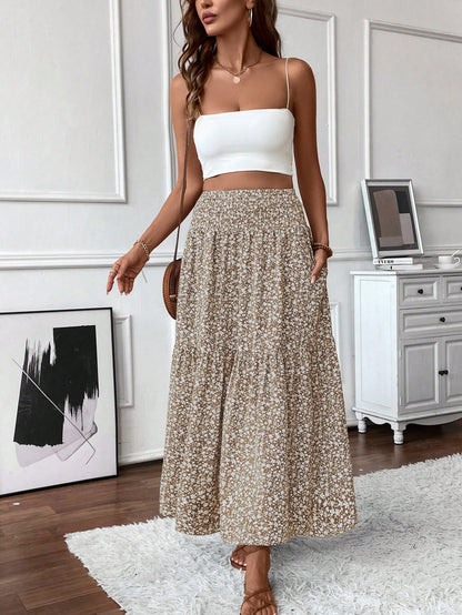 Women's Long Ditsy Floral Skirt, Casual Elastic Waist With Pockets, Ruffle Hem, A-Line Skirt For Summer Vacation Spring
