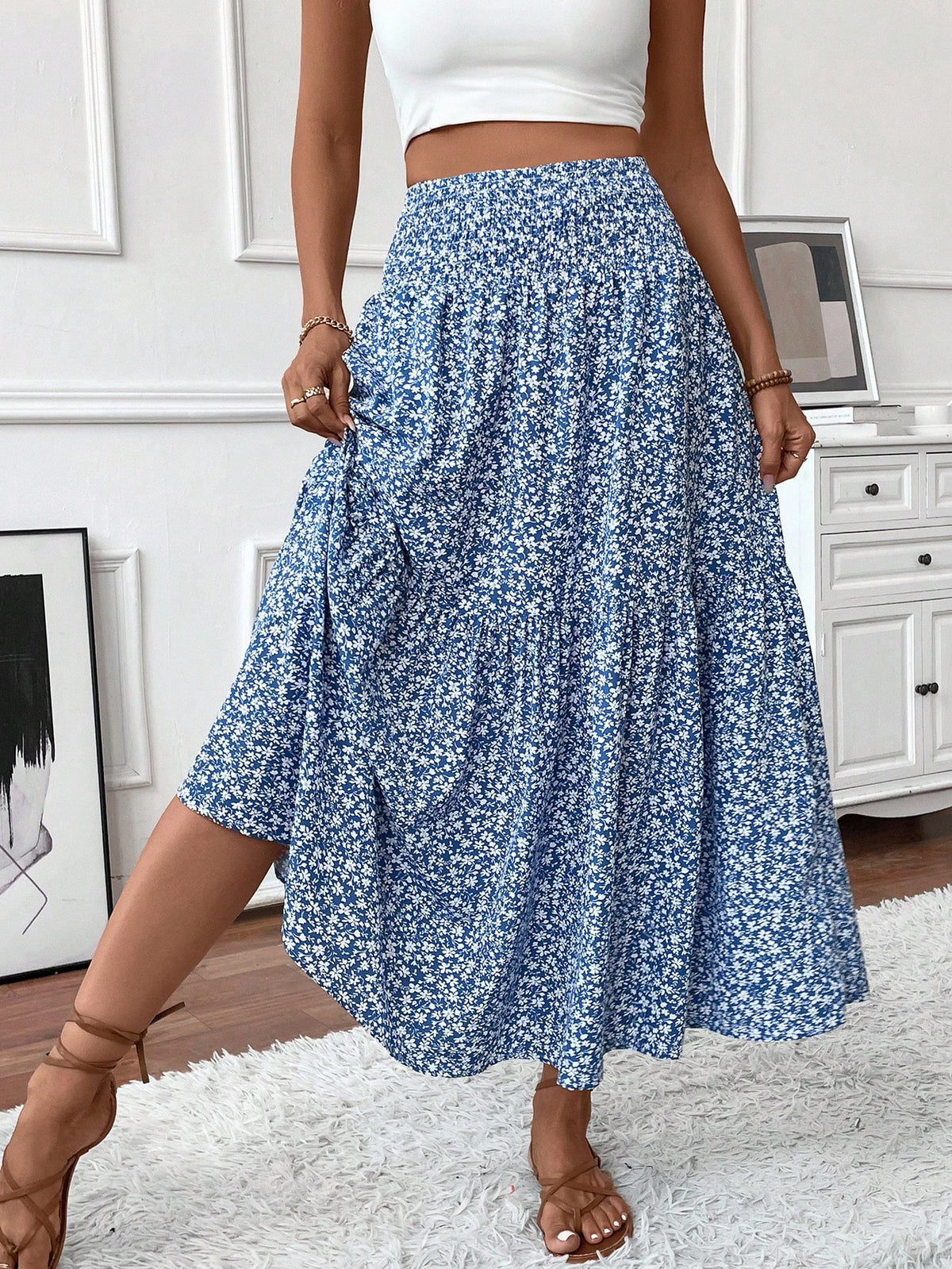 Women's Long Ditsy Floral Skirt, Casual Elastic Waist With Pockets, Ruffle Hem, A-Line Skirt For Summer Vacation Spring