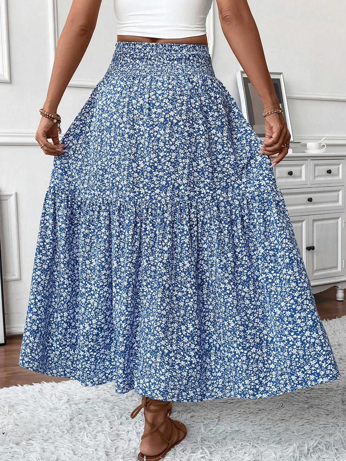 Women's Long Ditsy Floral Skirt, Casual Elastic Waist With Pockets, Ruffle Hem, A-Line Skirt For Summer Vacation Spring