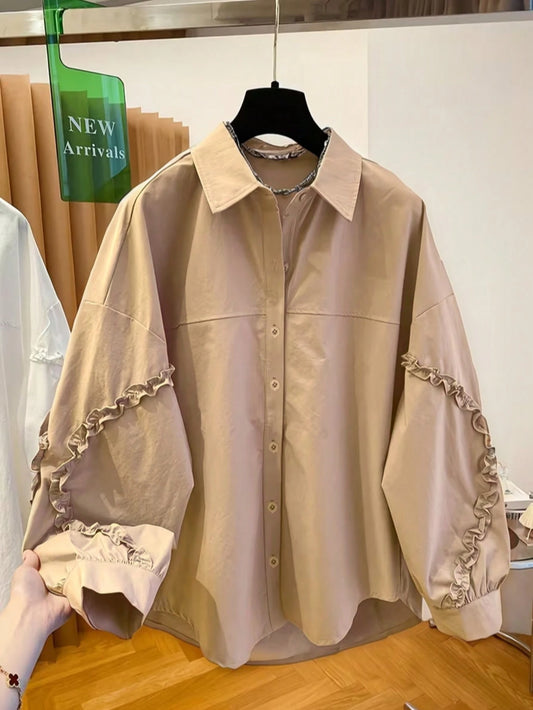 Women's Loose Fit Non-Stretch Shirt/Blouse/Top, Suitable For Spring, Summer, Autumn, Winter, Solid Color Front Button Pocket Frill Trim Patchwork Long Sleeve Lapel Collar Casual Minimalist Travel Vaca