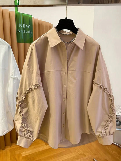 Women's Loose Fit Non-Stretch Shirt/Blouse/Top, Suitable For Spring, Summer, Autumn, Winter, Solid Color Front Button Pocket Frill Trim Patchwork Long Sleeve Lapel Collar Casual Minimalist Travel Vaca