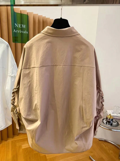 Women's Loose Fit Non-Stretch Shirt/Blouse/Top, Suitable For Spring, Summer, Autumn, Winter, Solid Color Front Button Pocket Frill Trim Patchwork Long Sleeve Lapel Collar Casual Minimalist Travel Vaca