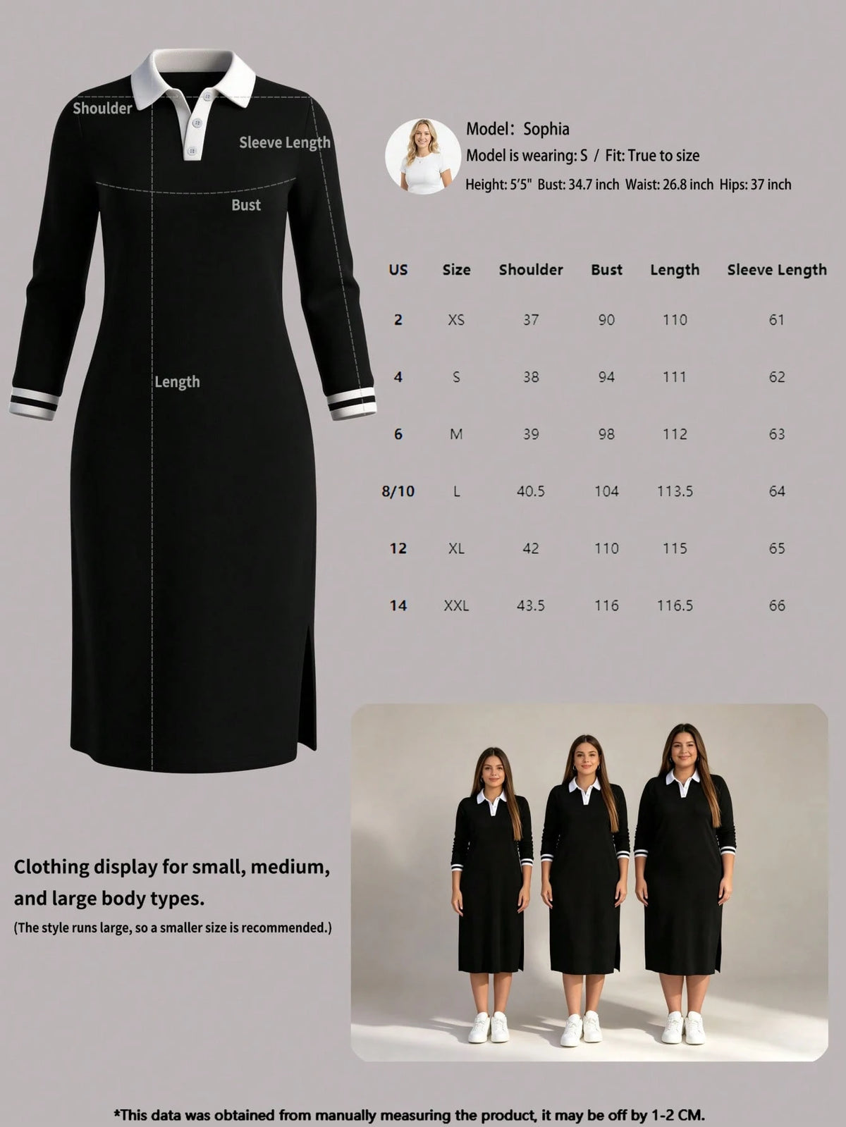 Women's Loose Minimalist Polo Collar Long Sleeve Split Hem Dress, Summer Spring Elegant Black