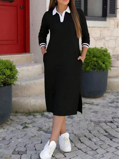Women's Loose Minimalist Polo Collar Long Sleeve Split Hem Dress, Summer Spring Elegant Black