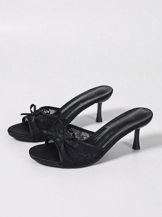 Women's Mesh Breathable Open Toe High Heel Sandals, Versatile Minimalist Summer New Bowknot Stiletto Slide Sandals, Black Lace, Chic & Elegant