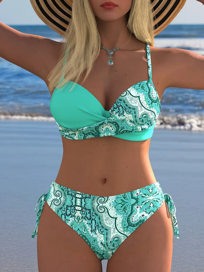 Women's Mint Green Paisley Pattern Bikini Set, Side Tie Swimsuit, Suitable For Summer Beach Vacation