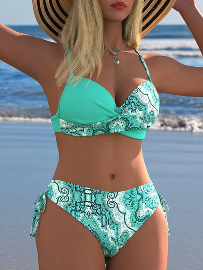 Women's Mint Green Paisley Pattern Bikini Set, Side Tie Swimsuit, Suitable For Summer Beach Vacation