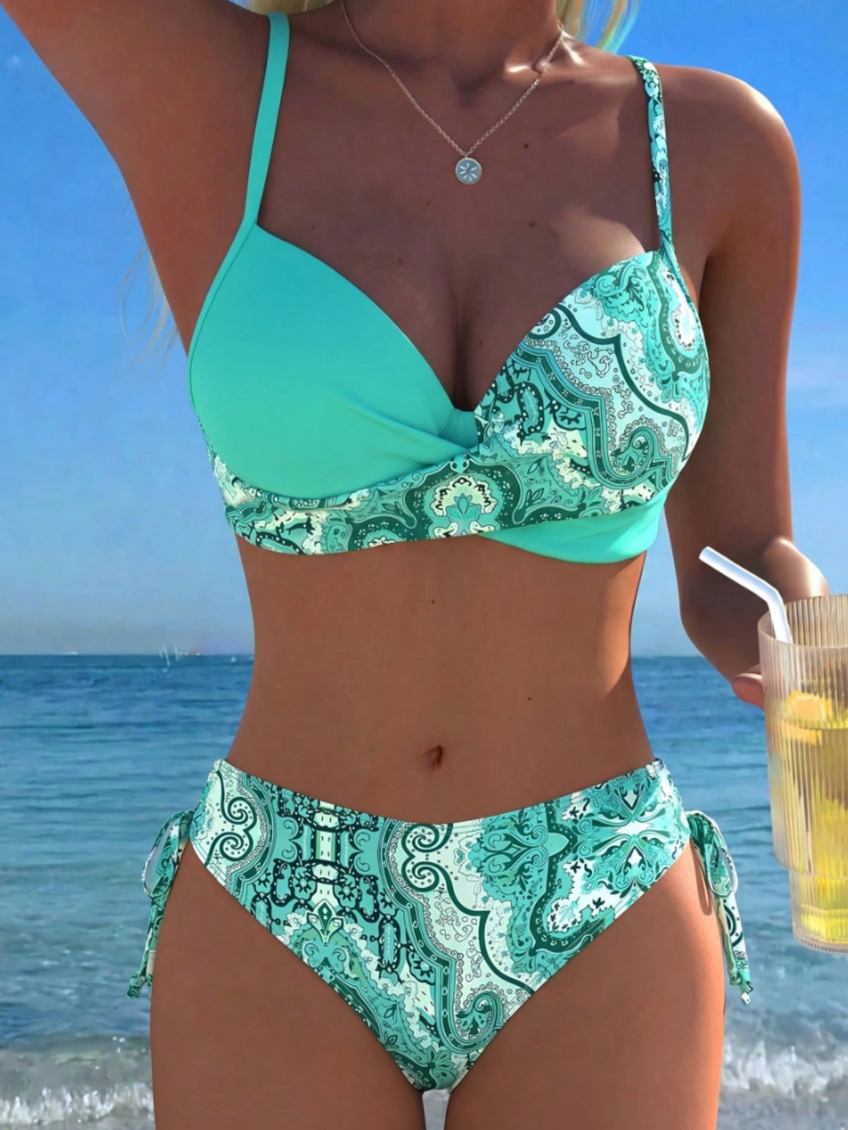 Women's Mint Green Paisley Pattern Bikini Set, Side Tie Swimsuit, Suitable For Summer Beach Vacation
