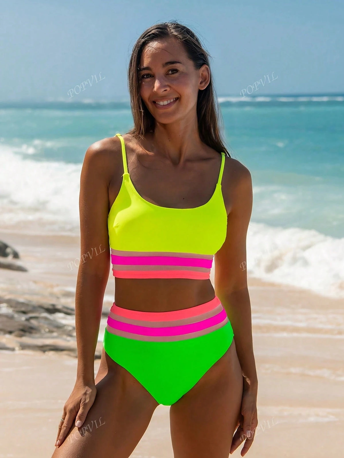 Women's Neon High Waist Contrast Binding Bikini Set Sexy, Cute, And Boho Two Piece Swimsuit With Spaghetti Strap Top For Beach Or Pool