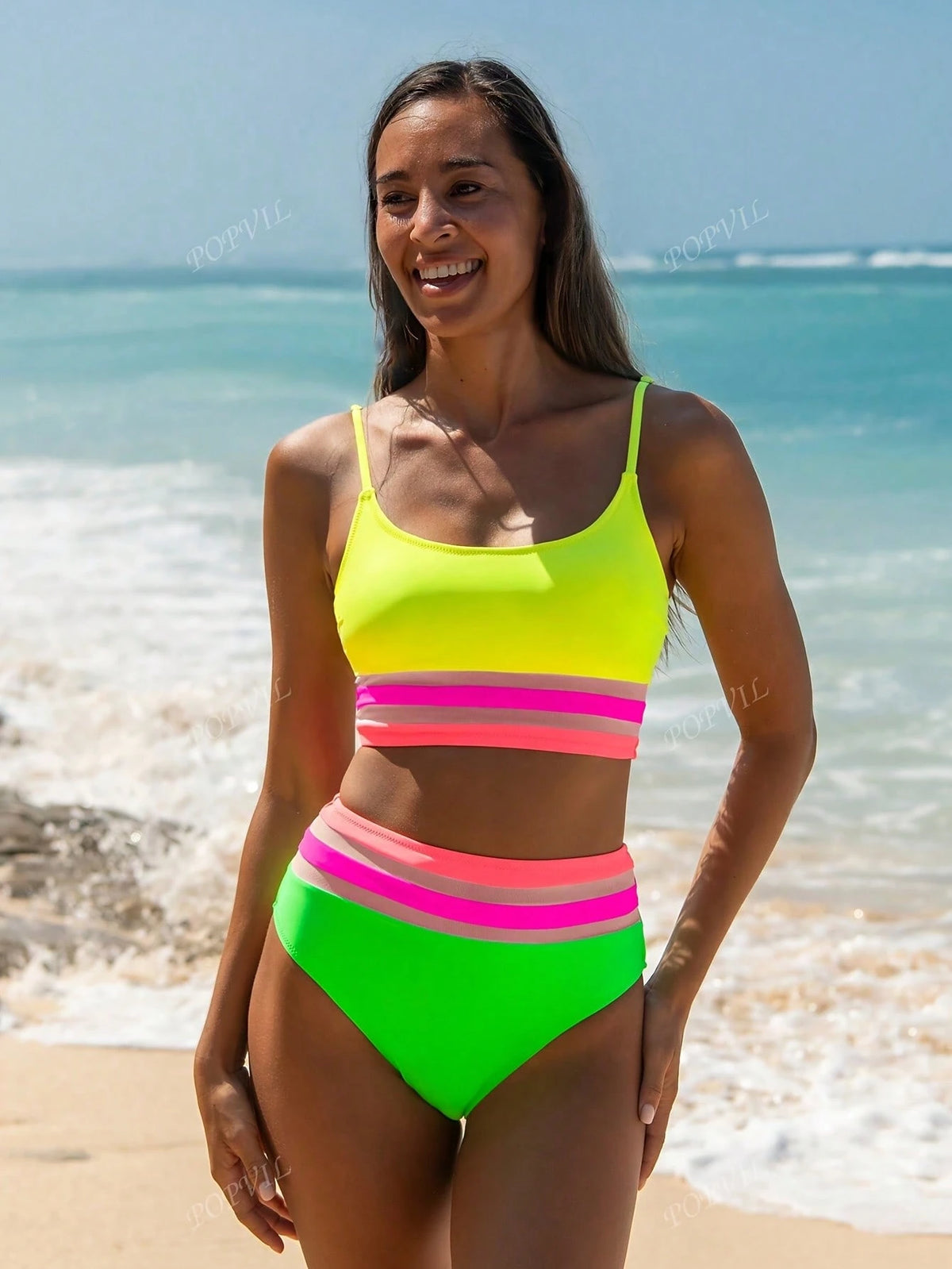 Women's Neon High Waist Contrast Binding Bikini Set Sexy, Cute, And Boho Two Piece Swimsuit With Spaghetti Strap Top For Beach Or Pool