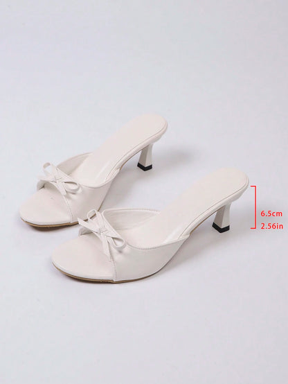 Women's New Fashionable And Elegant Stiletto Heeled Sandals, Sweet Bow Decor Peep Toe Design, Solid Color Platform Slip-On Sandals, Suitable For Dresses In Formal Or Casual Occasions, Date Night