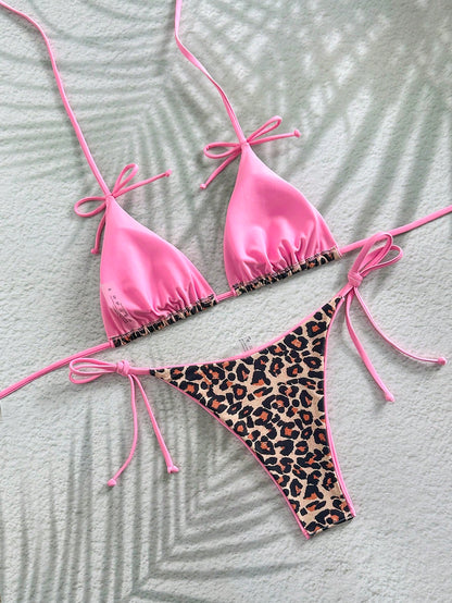 Women's New Sexy & Elegant Beach Resort Bikini Set, Leopard Print 2 Pieces Backless Swimwear, Summer Vacation Pink